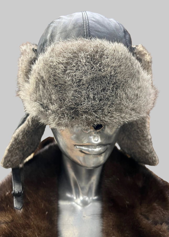 Chapeau en fourrure de lapin combiné du cuir taille:S/M