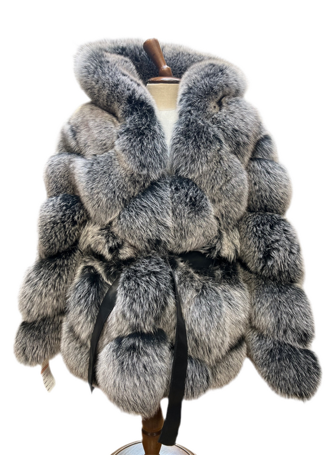 Bomber avec ceinture et capuche en fourrure de renard argenté 123 tag:44/46