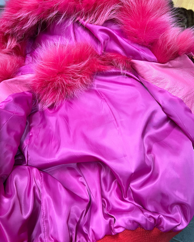 Bomber avec capuche en fourrure de renard tinté rose 🌹 fourrure réel