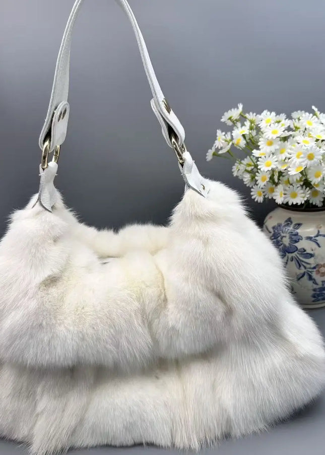 Sac à Main Fourrure Renard Argenté Luxe - Designer Hiver Femme