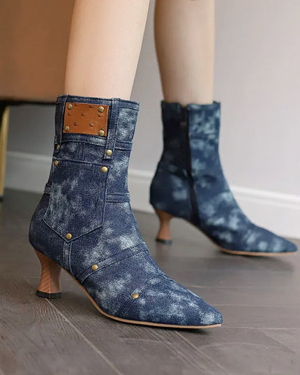 Bottes de mode d’hiver Femmes Denim Tissu Bottines à bout pointu Talon bas Chaussures personnalisées pour femmes