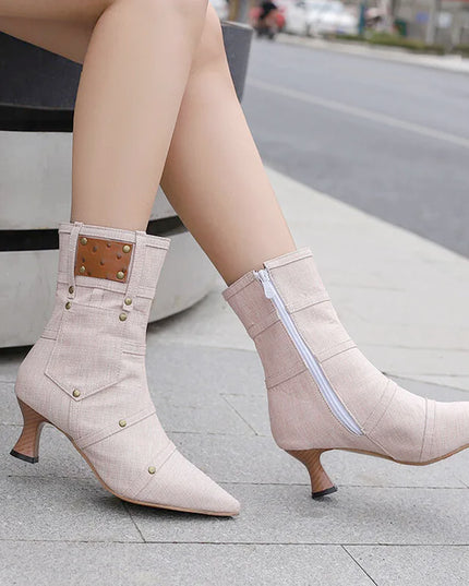 Bottes de mode d’hiver Femmes Denim Tissu Bottines à bout pointu Talon bas Chaussures personnalisées pour femmes