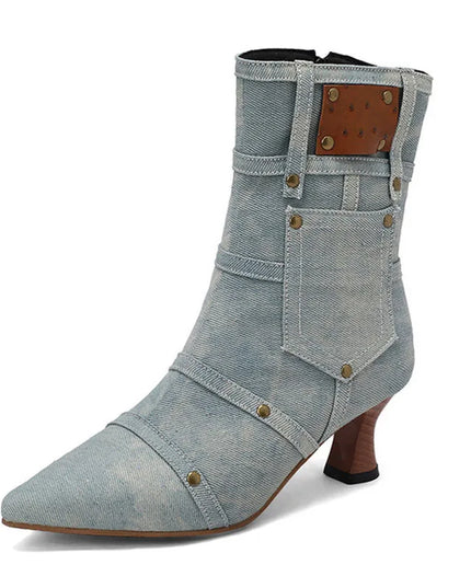 Bottes de mode d’hiver Femmes Denim Tissu Bottines à bout pointu Talon bas Chaussures personnalisées pour femmes