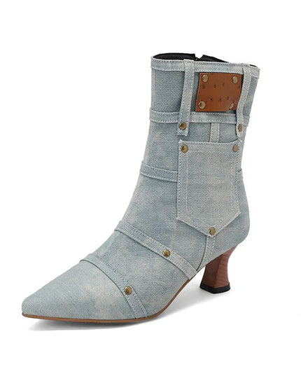 Bottes de mode d’hiver Femmes Denim Tissu Bottines à bout pointu Talon bas Chaussures personnalisées pour femmes