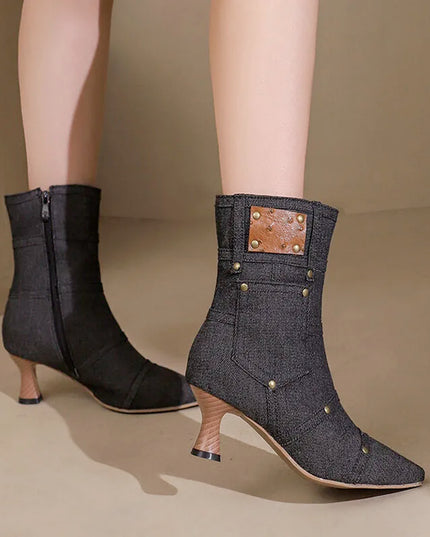 Bottes de mode d’hiver Femmes Denim Tissu Bottines à bout pointu Talon bas Chaussures personnalisées pour femmes